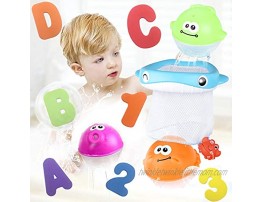 Bath Toy Sets 36 Foam Bath Letters and Numbers Floating Squirts Animal Toys Set with Fishing Net and Organizer Bag Fish Catching Game for Babies Infants Toddlers Bathtub Time
