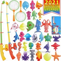 CozyBomB Magnetic Fishing Pool Toys Game for Kids Water Table Bathtub Kiddie Party Toy with Pole Rod Net Plastic Floating Fish Toddler Color Ocean Sea Animals Age 3 4 5 6 Year Old