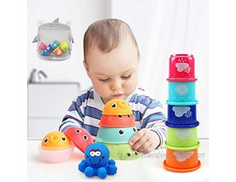 MoraBaby Baby Bath Stacking Toys with Organizer Bag 8 Stacking Cup Toys 4 Stack Up Squirts Animal Balls and 1 Floating Blue Octopus Bath Time Fun Splash Toys Gifts for Toddler 1-3 Years