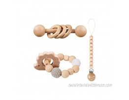 3 Pieces Wooden Rattle Toys Set Beech Wood Teether Ring Wooden Beads Pacifier Clip Holder Crochet Beads Hedgehog Shape Rattle Bracelet Montessori Inspired Toys
