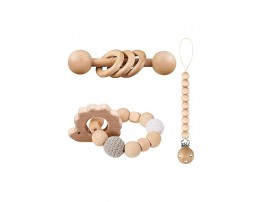 3 Pieces Wooden Rattle Toys Set Beech Wood Teether Ring Wooden Beads Pacifier Clip Holder Crochet Beads Hedgehog Shape Rattle Bracelet Montessori Inspired Toys
