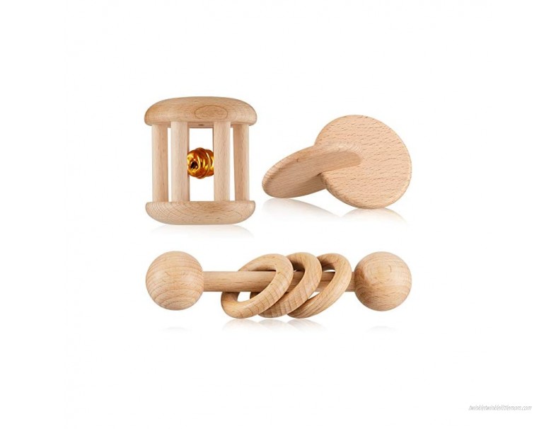 3 Pieces Wooden Rattle Wood Bells Rattles Beech Wooden Interlocking Discs Montessori Toys Wood Teether Toys Nice Present for Boys and Girls Birthday Party Favor