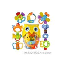 Baby Rattle Sets Teether Rattles Toys 8pcs Babies Grab Shaker and Spin Rattle Toy Early Educational Toys with Owl Bottle Gifts Set for 0 3 6 9 12 Month Newborn Infant Baby Boy Girl