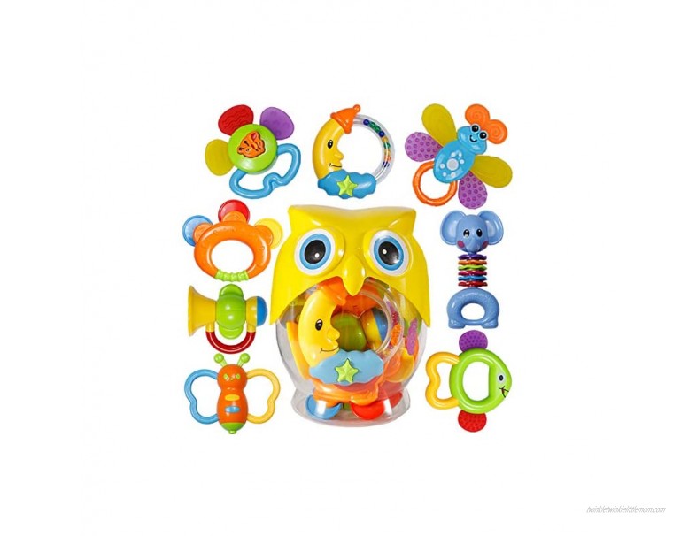 Baby Rattle Sets Teether Rattles Toys 8pcs Babies Grab Shaker and Spin Rattle Toy Early Educational Toys with Owl Bottle Gifts Set for 0 3 6 9 12 Month Newborn Infant Baby Boy Girl