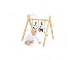 Foldable Wooden Baby Play Gym+Animal Sensory Hanging Rattle Toys2 PCS+Baby Teething Toys3 PCS with Improve Babies Visual Cognitive Sensory Stimulation-for Babies 0-12 Month