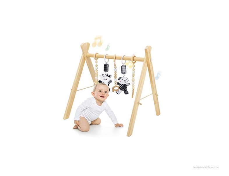 Foldable Wooden Baby Play Gym+Animal Sensory Hanging Rattle Toys2 PCS+Baby Teething Toys3 PCS with Improve Babies Visual Cognitive Sensory Stimulation-for Babies 0-12 Month