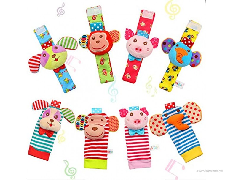 FunsLane 8 Packs Kids Rattle Kids Wrist Rattles and Foot Finder Socks Set Educational Development Soft Animal Toy Shower Gift with Monkey Elephant Puppy and Piggy