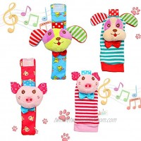FunsLane Baby Rattle Baby Wrist Rattles and Foot Finder Socks Toy Set Educational Development Soft Animal Toy Shower Gift with Puppy and Piggy 4 Packs