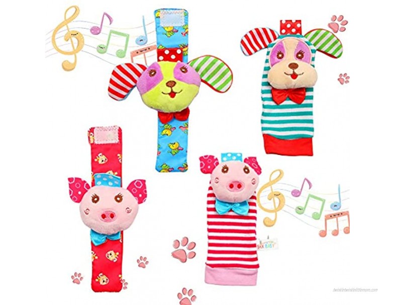 FunsLane Baby Rattle Baby Wrist Rattles and Foot Finder Socks Toy Set Educational Development Soft Animal Toy Shower Gift with Puppy and Piggy 4 Packs