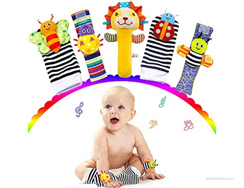 HUADADA Baby Wrist Rattle & Foot Finder Socks for Infants Sensory Learning Toys & Hand Baby Rattles Toys Cute Soft Plush Animal Doll Newborn Gift for Baby Girls Boys 0-3 3-6 6-12 Months 5PCS