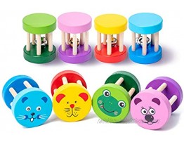 MIMIDOU 4 Pcs Wooden Baby Hand Rattle Toys Color Cylindrical Cartoon Kids Bells，Good Early Educational Musical Toddlers Rattle Toys.
