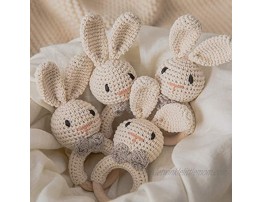 Wooden Bunny Rattle Cotton Crochet Rabbit Wood Ring Montessori Inspired Infant Griping Rattle Handmade Jewelry Accessories Beige
