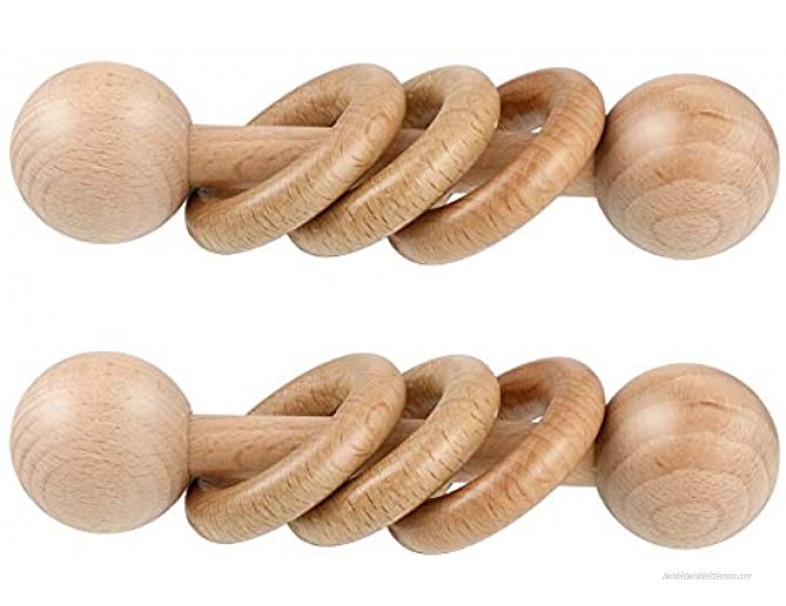 2 Pieces Natural Wooden Rattle Beech Wood Ring Molar Teether Ring Rattle Toy Grasp Clutching Shake Toy for Improving Motor Skills