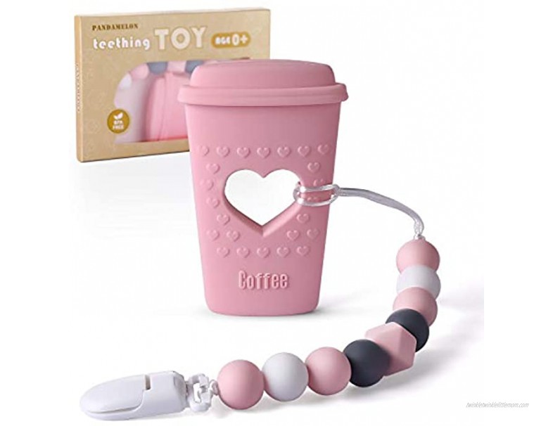Baby Teething Toys Coffee Cup Teether with Pacifier Clip Holder Kit for Newborn Infants BPA Free Silicone for Boy Girl by Pandamelon Pink