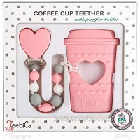 BPA Free Pacifier Clip Holder Set Baby Teething Toys for Girl- Silicone Beaded Clip and Coffee Cup Teether Unique Newborn Baby Girl Gifts Cool & Funny Present for New Mom Pink