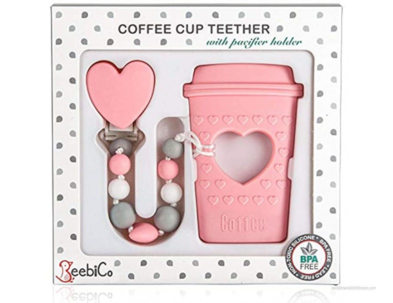 BPA Free Pacifier Clip Holder Set Baby Teething Toys for Girl- Silicone Beaded Clip and Coffee Cup Teether Unique Newborn Baby Girl Gifts Cool & Funny Present for New Mom Pink