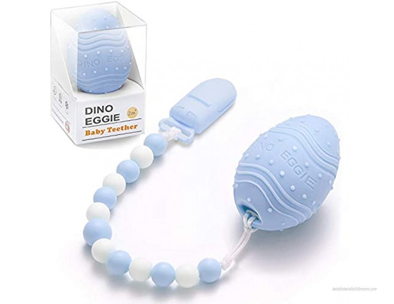 Dino Eggie Baby Teether Egg-Shaped Teething Toy with Silicone Beaded Pacifier Holder Clip BPA-Free for Infant Boys and Girls Blue