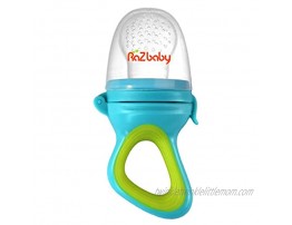 RaZbaby Baby Fruit Feeder Food Feeder Pacifier Infant Teething Toy Teether 6M+ Add Baby's Favorite Frozen Fruit or Fresh Food for Teething Relief Silicone Pouch Nipple BPA Free Green Blue
