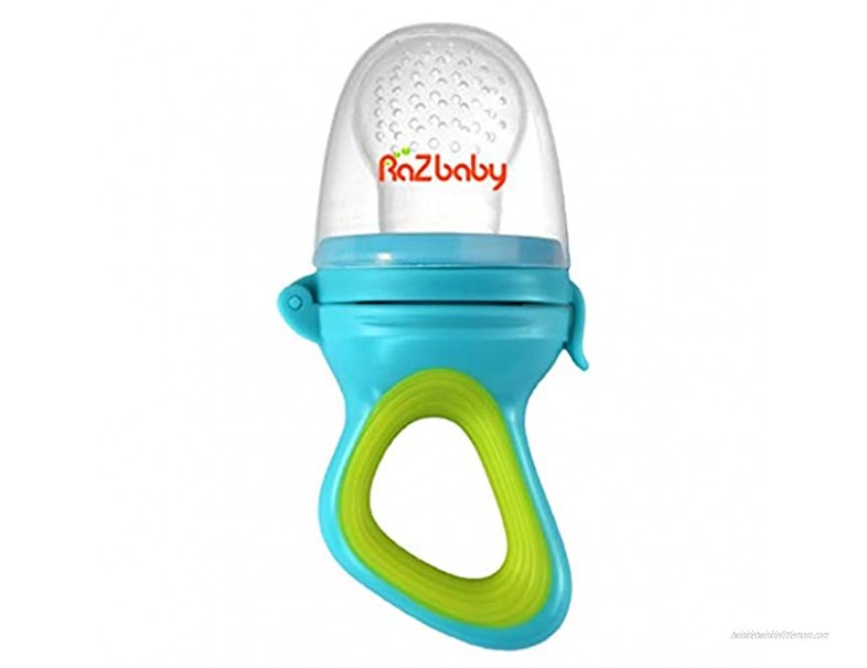 RaZbaby Baby Fruit Feeder Food Feeder Pacifier Infant Teething Toy Teether 6M+ Add Baby's Favorite Frozen Fruit or Fresh Food for Teething Relief Silicone Pouch Nipple BPA Free Green Blue