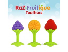 RaZbaby Teething & Massaging Toy Teether: 3-Pack Fruit Set Chew Toys | Soothes Soar Gums | Food Grade Soft Safe BPA-Free Silicone | Babies Toddlers Infants | Freezer Safe | Perfectly Sized for Baby