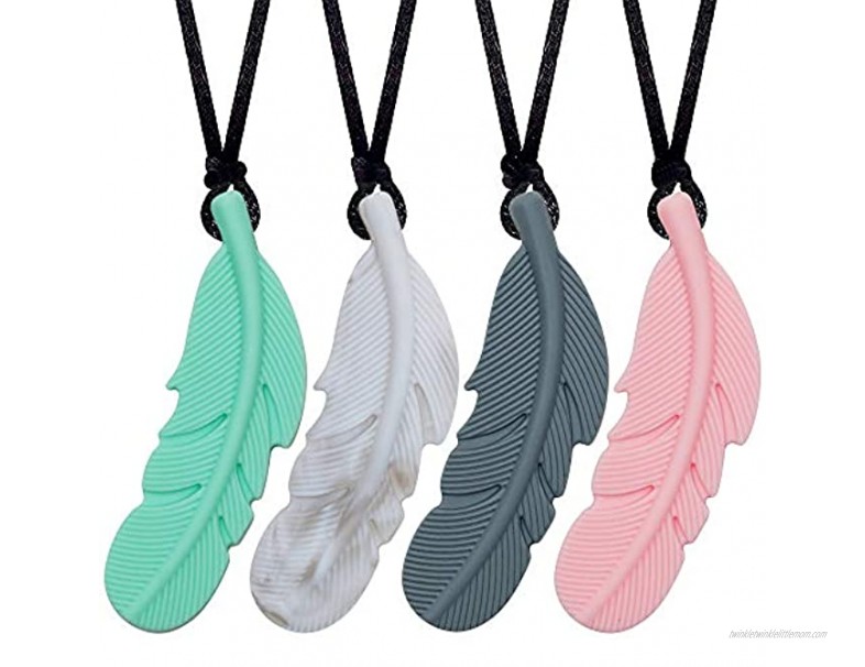 Sensory Chew Necklace for Kids Boys and Girls 4 Pack Silicone Feather Chewing Necklace for Teething Biting Autism ADHD Chewy Oral Motor Pendant with Mild Chewers