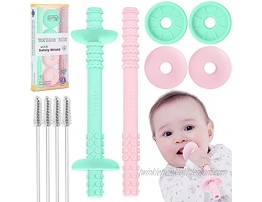 Teething Tube with Safety Shield Baby Hollow Teether Sensory Toys Gum Massager Food-Grade Silicone for Infant 3-12 Months Boys Girls 1 Pair with 4 Cleaning Brush Included Pink+Mint