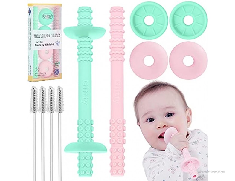 Teething Tube with Safety Shield Baby Hollow Teether Sensory Toys Gum Massager Food-Grade Silicone for Infant 3-12 Months Boys Girls 1 Pair with 4 Cleaning Brush Included Pink+Mint
