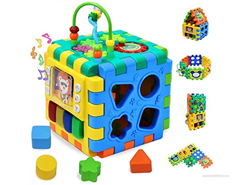 Baby Activity Cube Toddler Toys 6 in 1 Shape Sorter Toys Baby Activity Play Centers for Kids Infants Educational Musci Play Cube Preschool Toys for 1 2 Years Old Boys & GirlsBattery Excluded