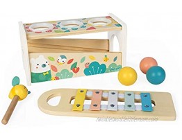 Janod Pure Tap Pastel Wooden Xylophone Pounding Bench with Cherry Wood Balls & Bee Shaped Hammer for Ages 12+ Months J05155