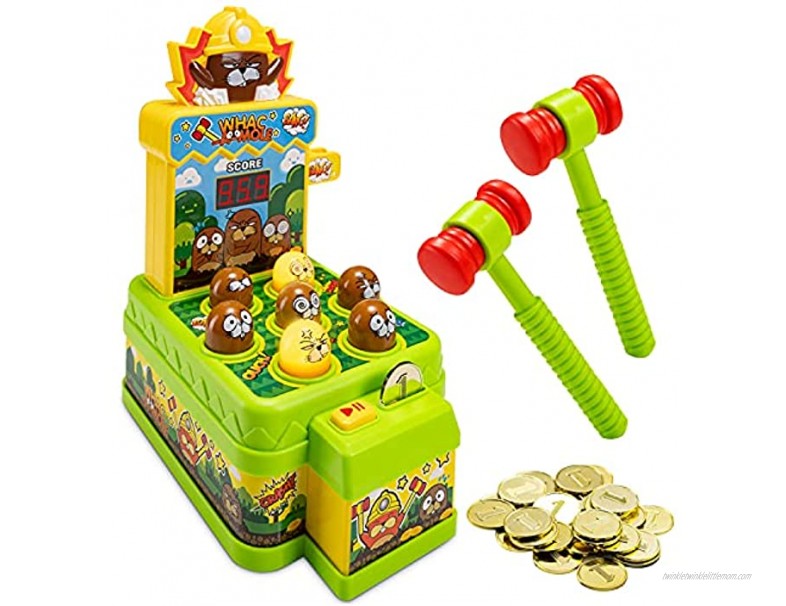 Whack A Mole Game for Kids Dual Mode Mini Electronic Arcade Game Toy with Trial and Coin Mode Interactive Pounding Toy Playset with 2 Hammers Developmental Game for Toddlers Ages 3 and Up