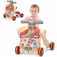 4 in 1 Baby Walker Ride on Car Game Panel Sit-to-Stand Walker,Kids Multifunctional Activity Center w Lights Music Cute Toys Educational Push Pull Learning Walker for Toddlers