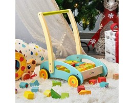 cossy Wooden Baby Learning Walker Toddler Toys for 1 Year Old Forest Theme Blocks & Roll Cart Push Toy 37 Pcs Updated Version