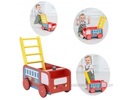 labebe -Wooden Walker 4 Wheels Kids Push Wagon Cart Red Push Toy Walker for Girl Boy 1-3 Years Old Toy Shopping Cart Wooden Wagon Toy Baby Activity Learning Walker Infant- Red Fire Truck