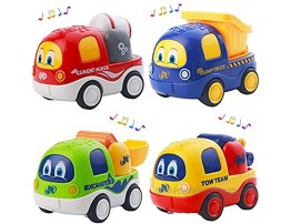 Music Car Toy for Baby 1 2 3 Years Old Pull Back Cars for Toddlers with Music Push and Go Back and Forth Vehicles Sets Friction Powered Cars Engineering Vehicle Toys 4 Packs