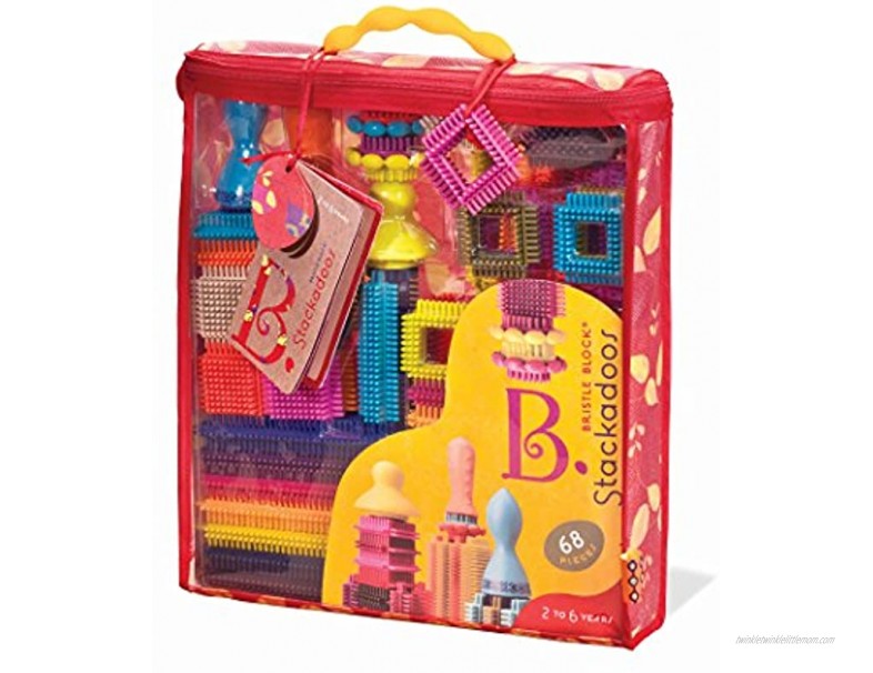 B. toys Building Blocks for Kids – 68 Toy Blocks in a Storage Pouch – STEM Toys – Soft & Interlocking Blocks – Bristle Block Stackadoos – 2 years +