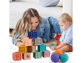 BOBXIN 15 PCS Baby Blocks Toys Soft Stacking Blocks Baby Montessori Sensory Ball Teether Infant Bath Toys Squeeze Play with Numbers Shapes Animals Fruit and Textures Toy for Babies Toddlers 6 Months