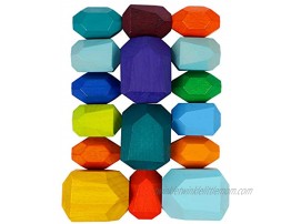 Cllayees 16 Pcs Wooden Stacking Blocks Rocks Building Toys Colored Solid Wood Stones Pre-School Educational Games Creative Toys for Kids Toddlers