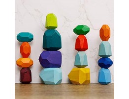 Cllayees 16 Pcs Wooden Stacking Blocks Rocks Building Toys Colored Solid Wood Stones Pre-School Educational Games Creative Toys for Kids Toddlers