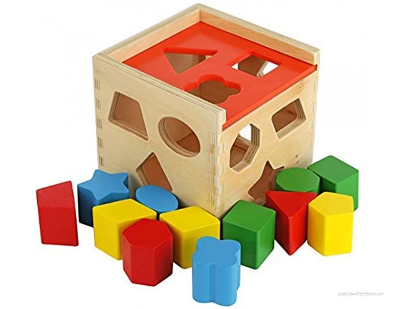 Colorful Shape Cube Sorting Puzzle Solid Wood Toy with 12 Shapes Educational Baby Toy for Toddler Boys and Girls Age 18-24 Months 2 Years and Up Classic Early Development Shape Recognition Toy