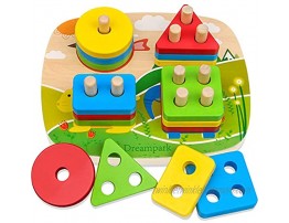 Dreampark Educational Toddler Toys for Boys Girls Age 1 2 3 4 and Up Wooden Shape Color Recognition Preschool Stack and Sort Geometric Board Blocks for Kids Children Non-Toxic