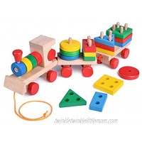 FUN LITTLE TOYS 15.5 Inches Wooden Train Toddler Toys Shape Sorter and Stacking Wooden Blocks Wooden Toys Puzzle Toys Preschool Educational Toys