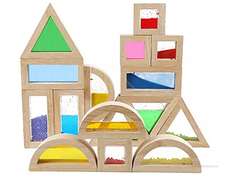 Kidpik Wooden Large Building Blocks for Toddlers Baby Kids 16 Pcs Geometry Sensory Wood Rainbow Stacking Blocks Construction Toys Set Colorful Preschool Learning Educational Toys for Boys Girls