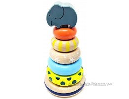 Orcamor Organic Wooden Stacking Rings Toy with Elephant Topper Montessori Wooden Rainbow Stacker Toy for Infant and Toddler 1 Year Old and Up All Natural Shape Sorter 8 Inches Tall