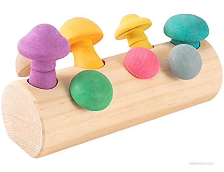 Set of 9 Colorful Wooden Mushroom Picking Toys- 8pcs Rainbow Simulation Mushroom Blocks in 8 Sizes with Wood Cylinder Base Mushroom Matching Shape Sorting Game Toys for Preschool Kids Infants Toddlers