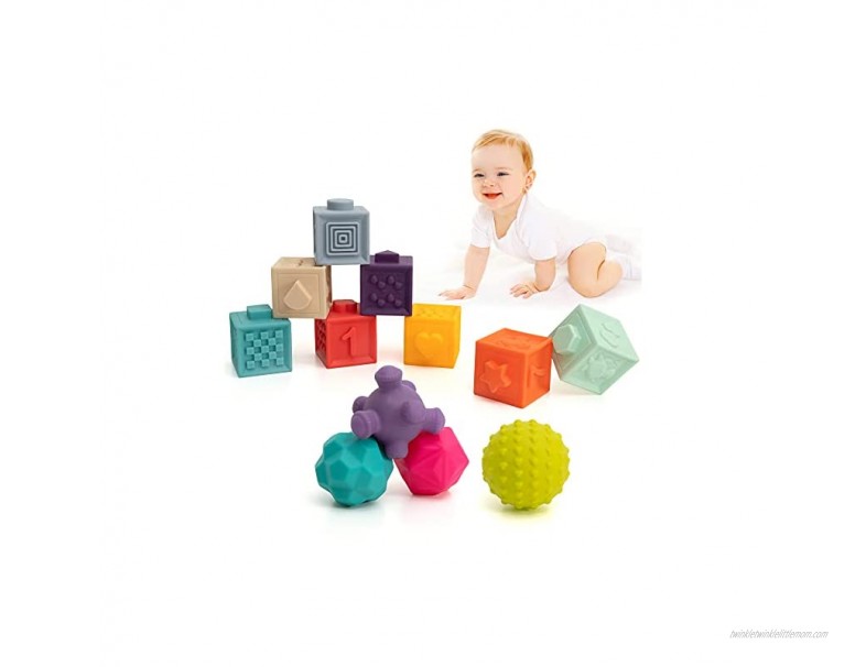 TILLYOU Baby Stacking Blocks 6-12 Moths 12PCS Sensory Ball Toys Baby Toys 3-6 Months Baby Bath Toys Soft Baby Teething Toys Building Blocks Infants