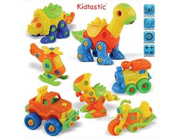 Kidtastic Set of 7 Take Apart Toys Dinosaurs Helicopter Train Truck Motorcycle STEM Building Set Engineering Kit for Boys Girls Toddlers Age 3 4 5 Year Old