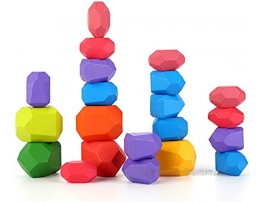 21 Pcs Stone Balancing Blocks- Colored Wooden Stones Lightweight Building Blocks Set Natural Rainbow Stacking Game Rock Blocks Educational Puzzle Toys for Toddlers Kids Children Boys Girls