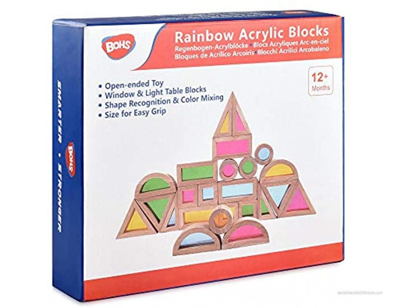 BOHS Rainbow Sensory Blocks 24 pcs Wooden Toys for Toddlers- Play on Light Table Sunny Window