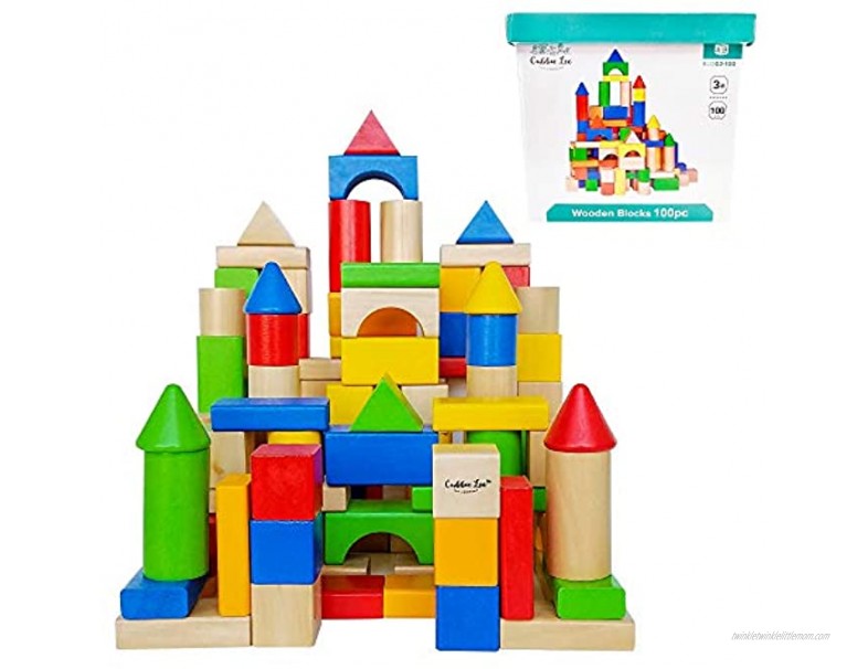 Cubbie Lee Premium Wooden Building Blocks Set 100 pc for Toddlers Preschool Age Classic Hardwood Plain & Colored Small Wood Block Pieces for Boys & Girls Classic Build & Play Toy