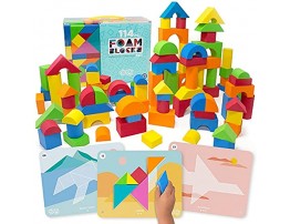 Nicely Kids 114 Pcs Foam Building Blocks for Kids & 30 Pc. Tangram Shape Puzzle Cards for Boys Girls Non Toxic EVA Foam Blocks for Toddlers 1-3 Includes Soft Stackable Waterproof Bright Colors
